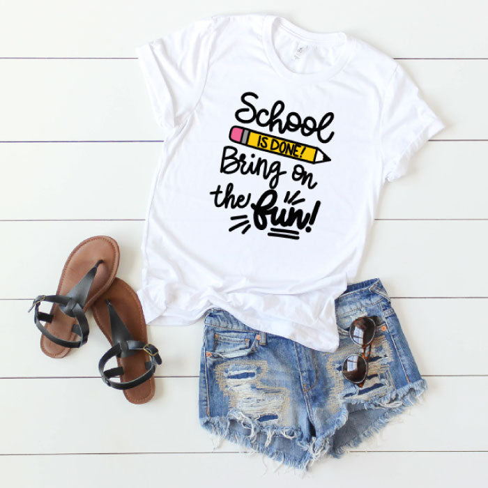 Jean shorts, sandals and white t-shirt with School is Done Bring on the Fun Digital Design