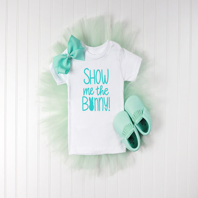Blue Tutu with Bow and Baby Moccs with White T shirt that has the Show Me the Bunny Design 