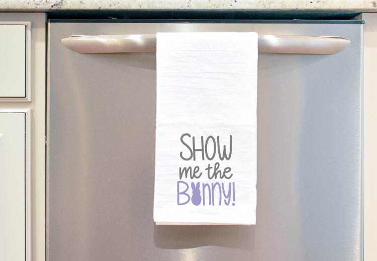 Show Me the Bunny Cut File on a Tea Towel hanging on the Dishwasher